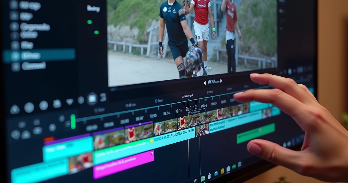 Tela de edição de vídeo com cortes automáticos destacados e legendas sendo geradas. 