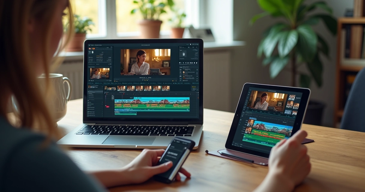 Pessoa editando vídeo em notebook, tablet e celular, simultaneamente 