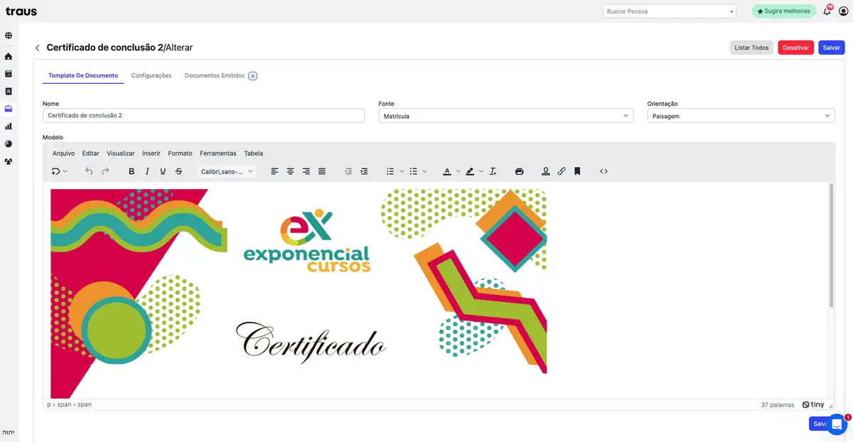 Interface de edição de modelo de certificado com elementos coloridos e logo da Exponencial Cursos