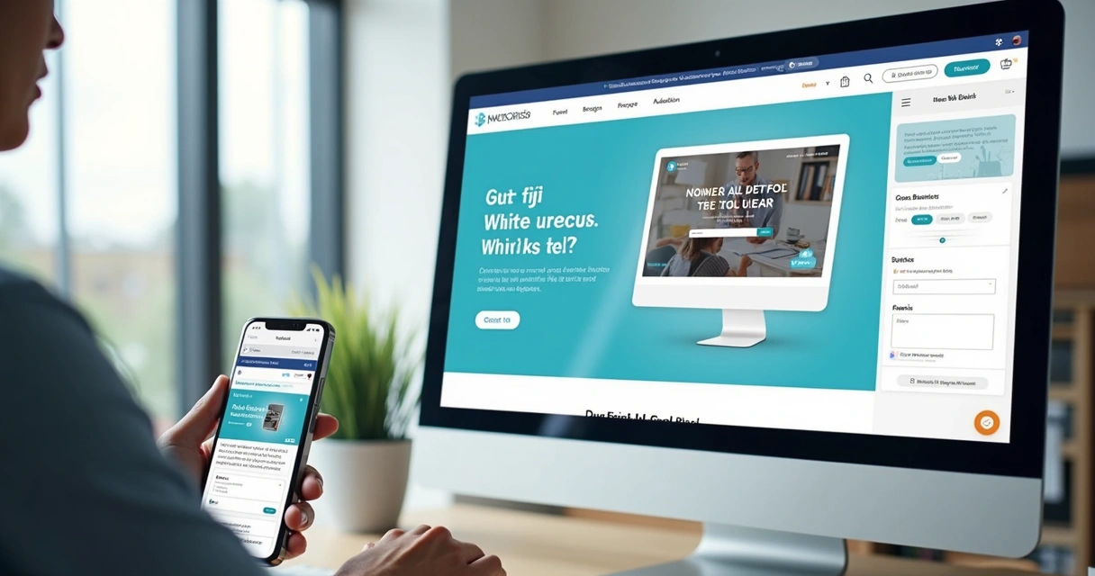 Editor visual de site em desktop e mobile lado a lado