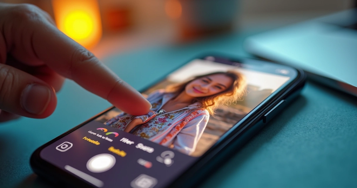 Celular exibindo tela de edição de stories com filtros e efeitos visuais 