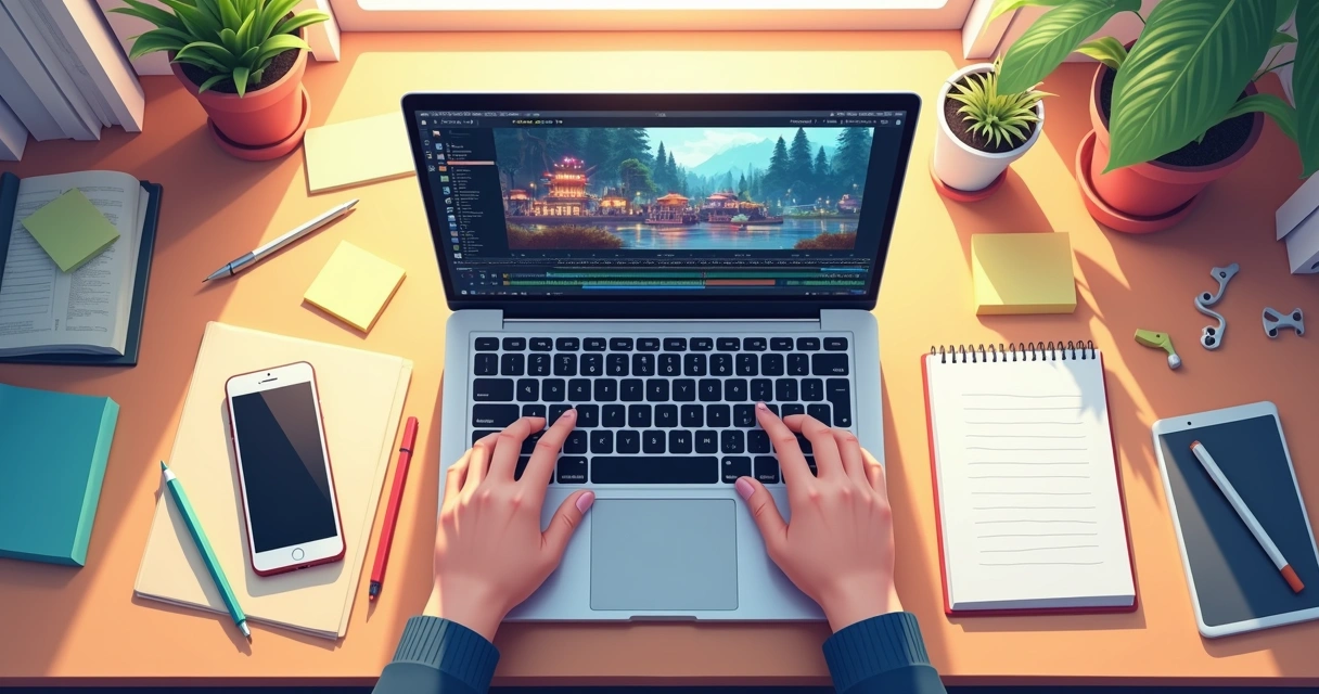 Pessoa editando cronograma no notebook com trilha gráfica de áudio e cenas de anime em destaque