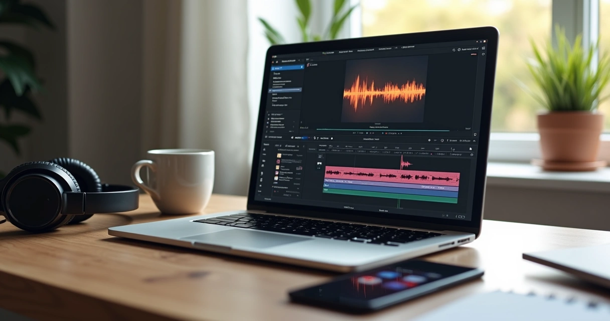 Notebook aberto mostrando edição de vídeo com ajustes de áudio na tela 