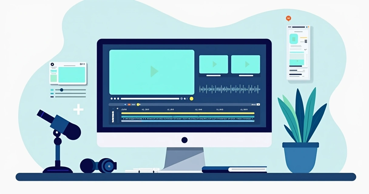 Ilustração de edição de videoaulas com legendas e destaques visuais 