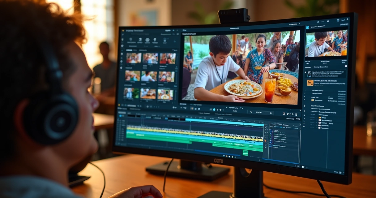 Edição de vídeo de evento baiano com cenas culturais na tela de computador 
