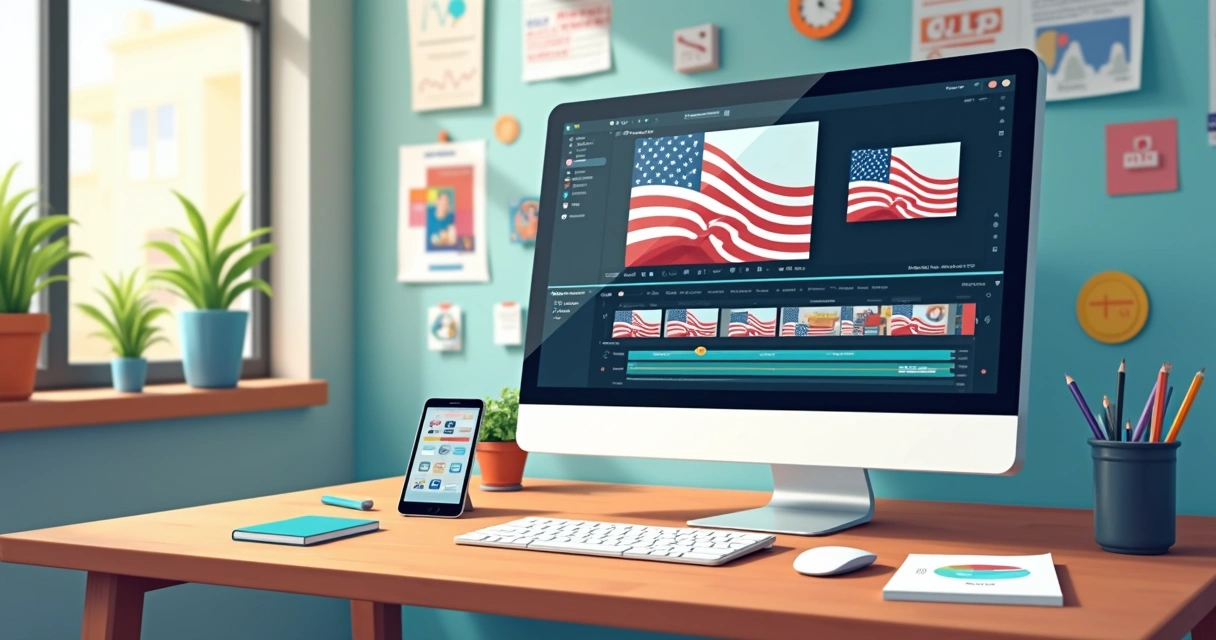 Mesa com computador, celular e timeline de edição de vídeo aberta e elementos gráficos de campanha