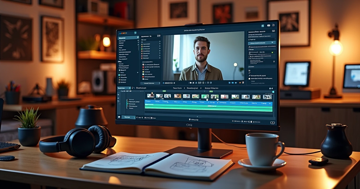 Video editing interface with AI showing timeline of automatic cuts on a monitor 