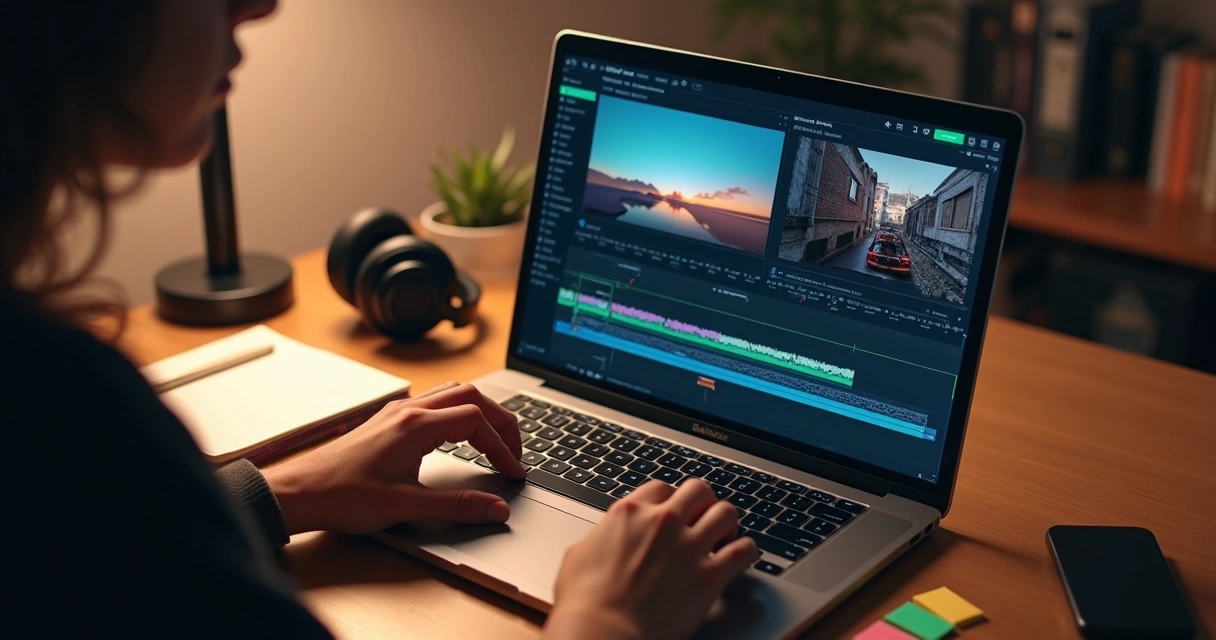 Edição de vídeo por texto em notebook moderno com onda sonora exibida 