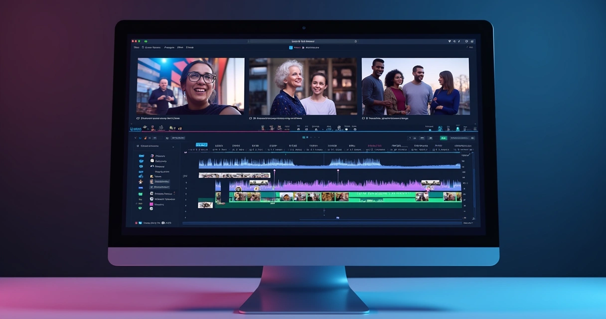Modelo 3D de tela de computador exibindo edição de vídeo com cortes dinâmicos em múltiplas faixas de vídeo 