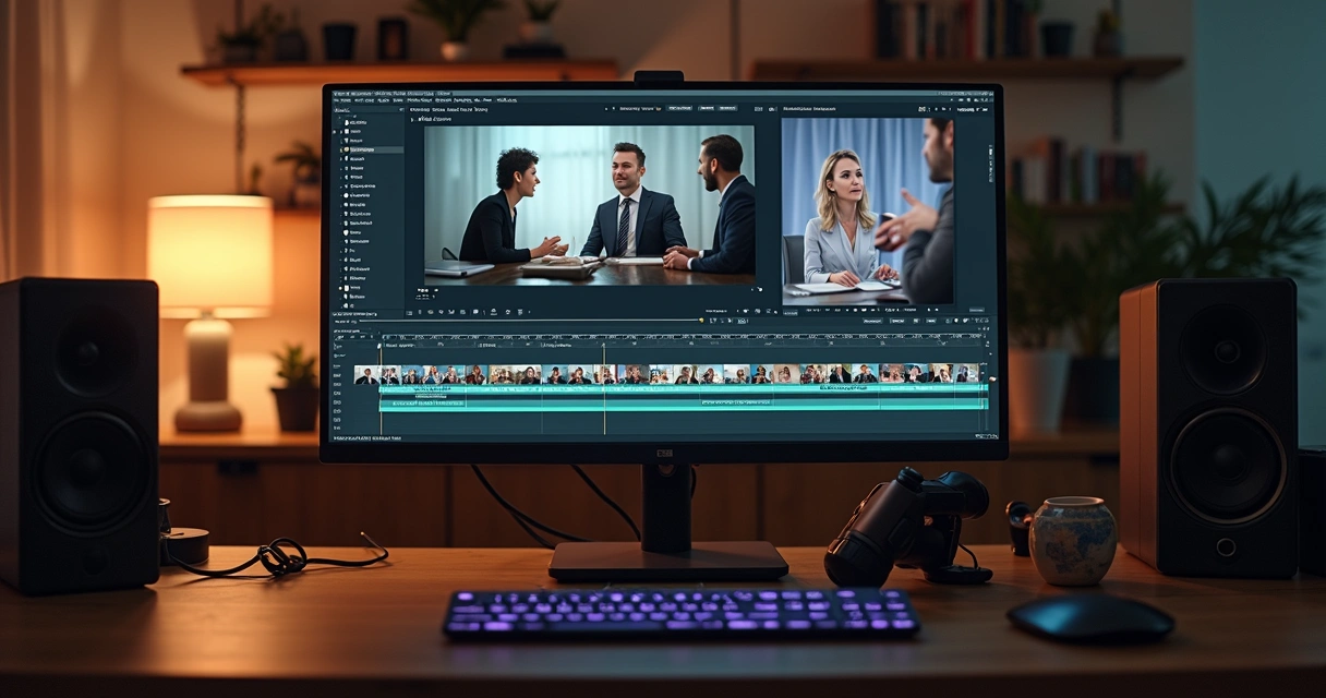 Mesa com computador e tela editando cortes de vídeo de entrevista, com visualização de timeline e miniaturas das falas mais importantes