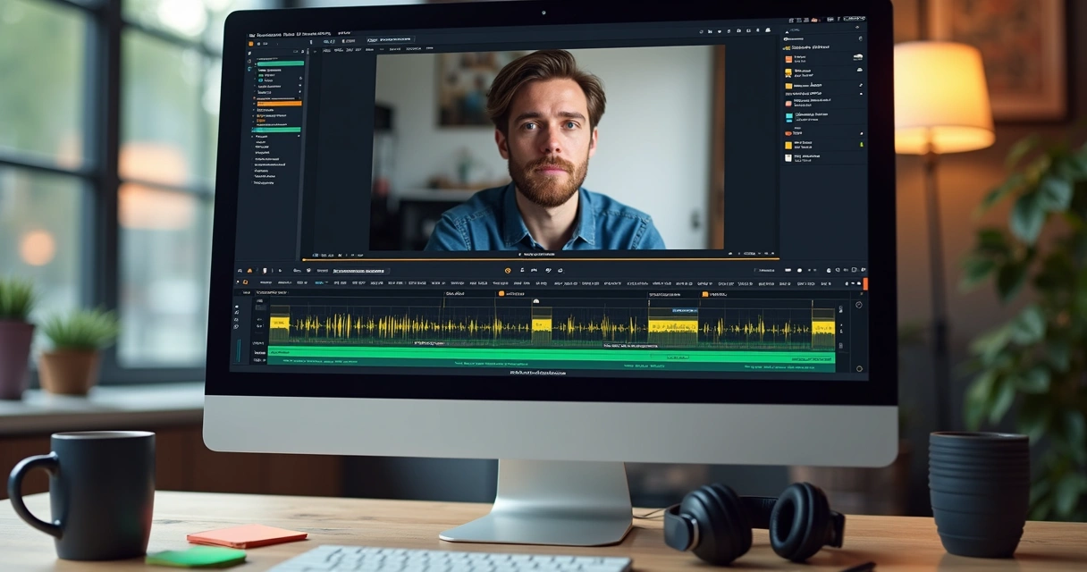 Tela de computador com vídeo de entrevista sendo cortada e editada por IA 