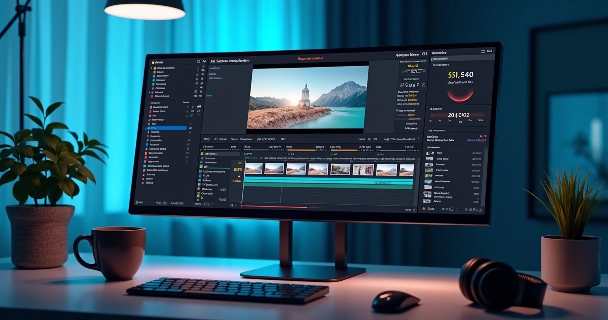Tela de computador exibindo software de edição de vídeo com elementos de inteligência artificial 