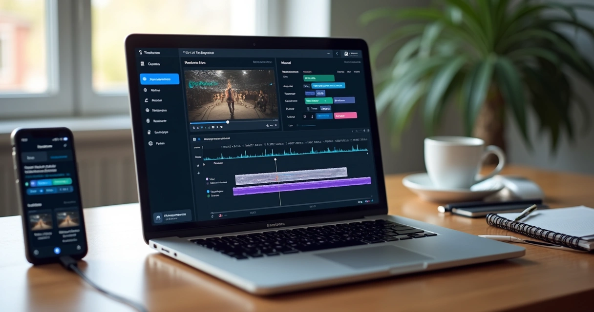 Painel de edição de vídeo com IA em notebook 