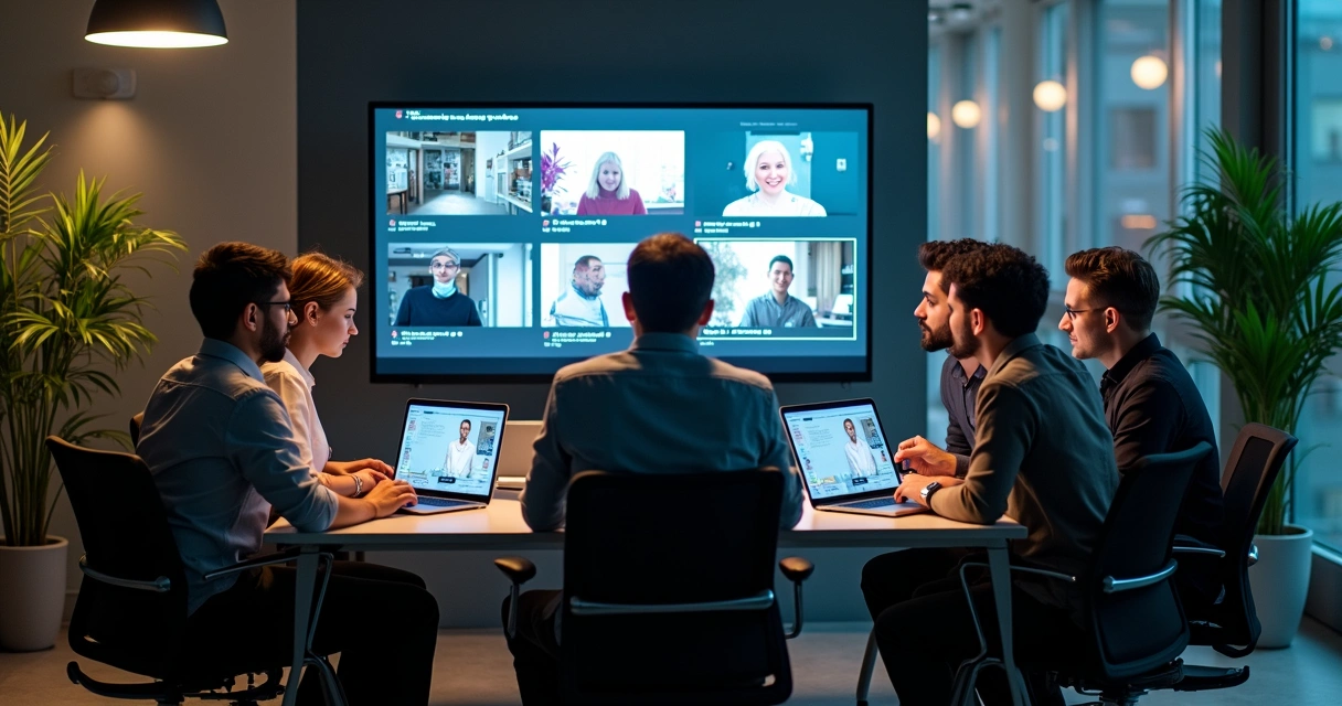 Digital agency team observing a screen with video cuts generated by AI 
