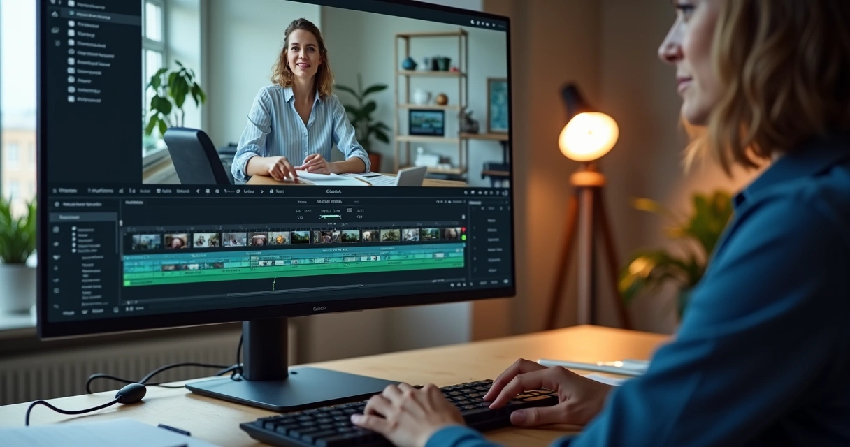 Tela de edição ajustando detalhes de vídeo gerado por IA com fundo corrigido 
