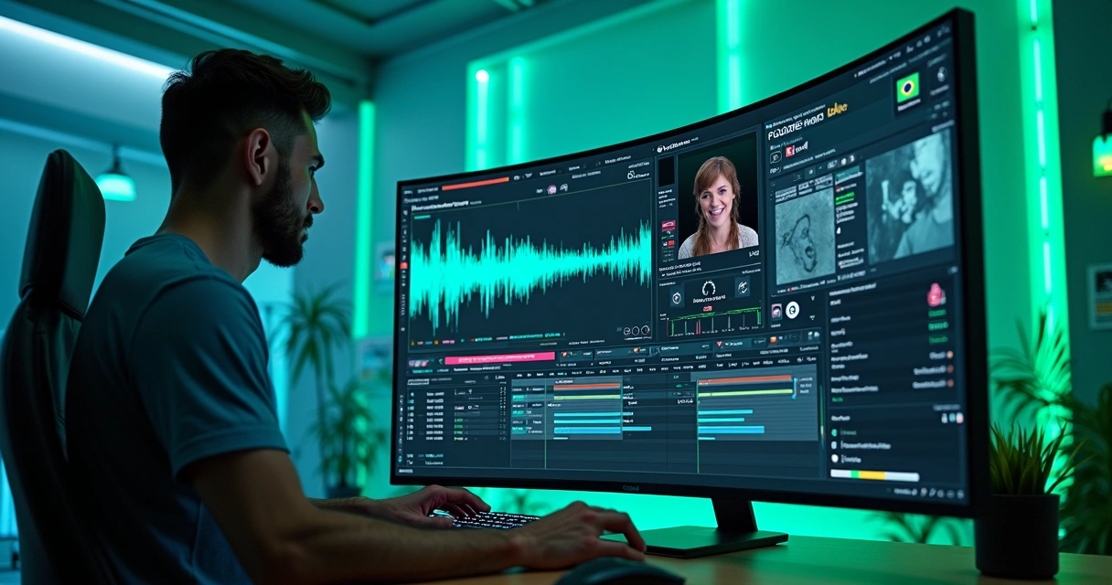Painel de edição de vídeo com gráficos e formas de onda de áudio 