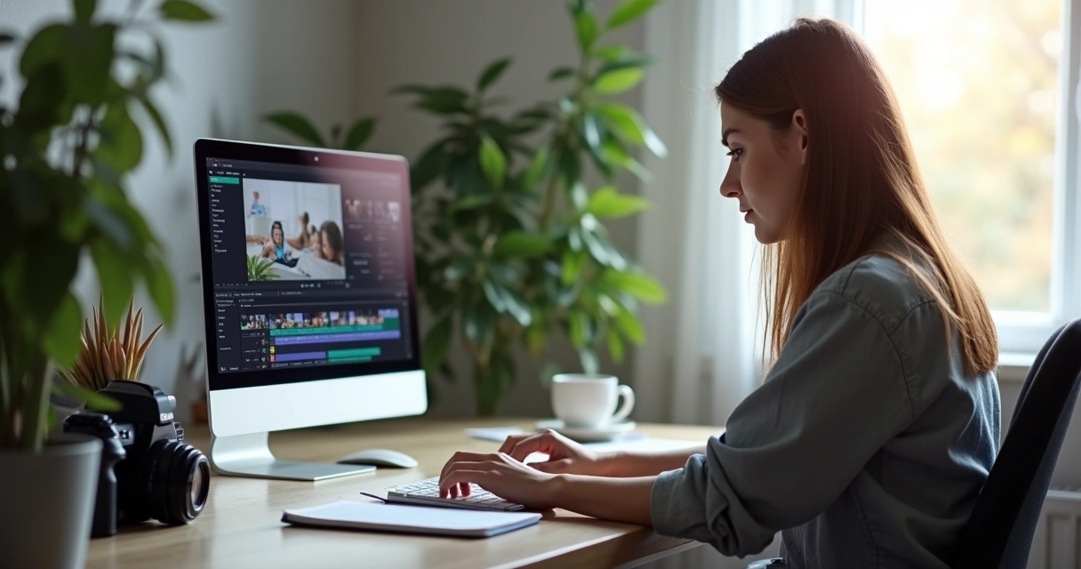 Mulher editando vídeo em laptop numa mesa com anotações ao redor 