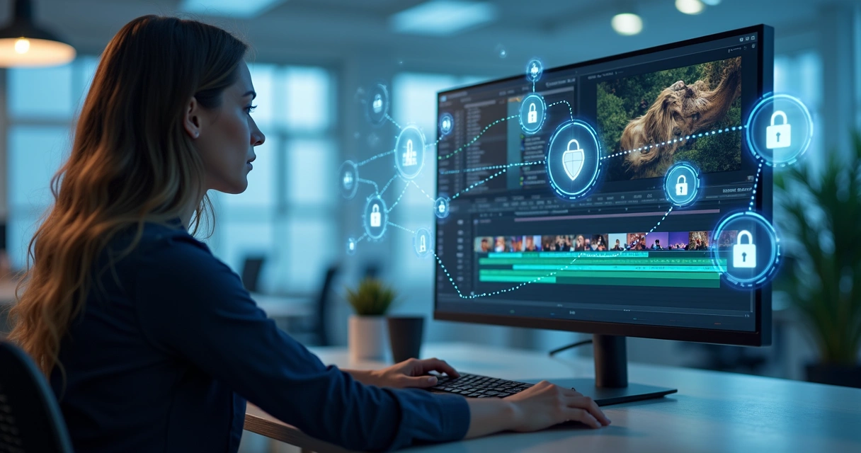 Pessoa editando vídeo em computador com ícones de segurança e privacidade ao redor