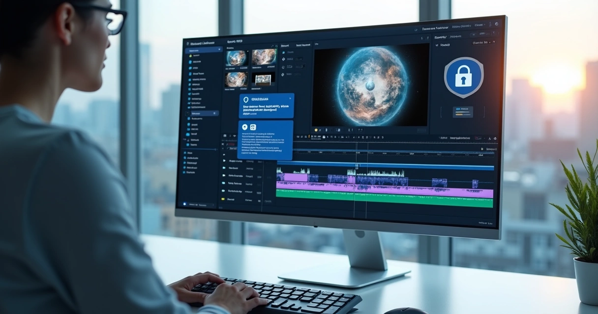 Tela de computador mostrando software de edição de vídeo com alertas de conformidade LGPD 