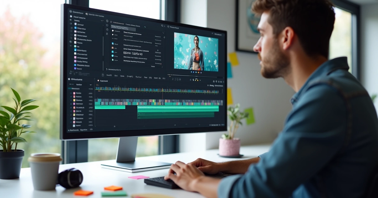 AI video editor interface showing timeline, automatic subtitles, and cut suggestions 