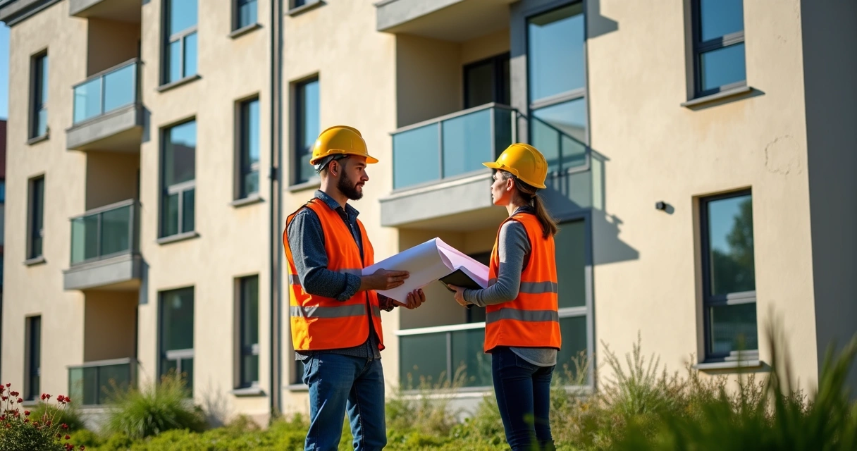 Engenheiros avaliando fachada de edifício residencial 