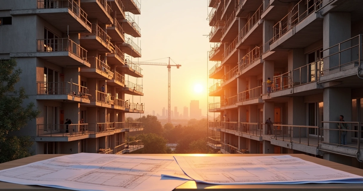 Edifício em construção com andaimes ao pôr do sol 