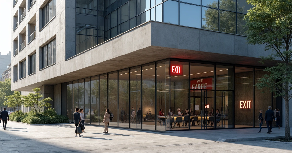 Fachada de prédio comercial moderno com saída de emergência sinalizada 
