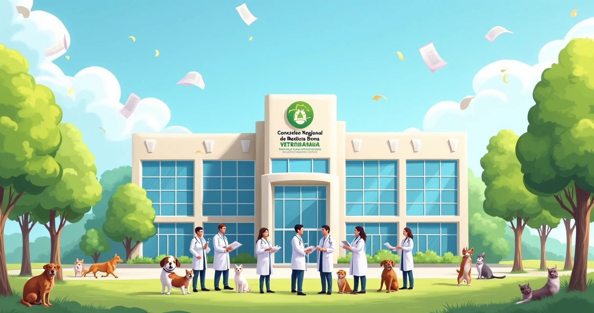 Ilustração do CRMV com veterinários discutindo normas, cercados por animais e natureza.