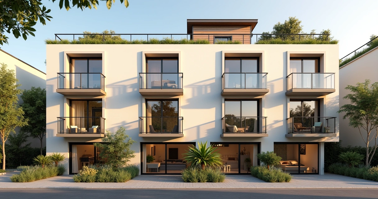 Edifício residencial moderno com várias kitnets, janelas grandes e varanda compartilhada 