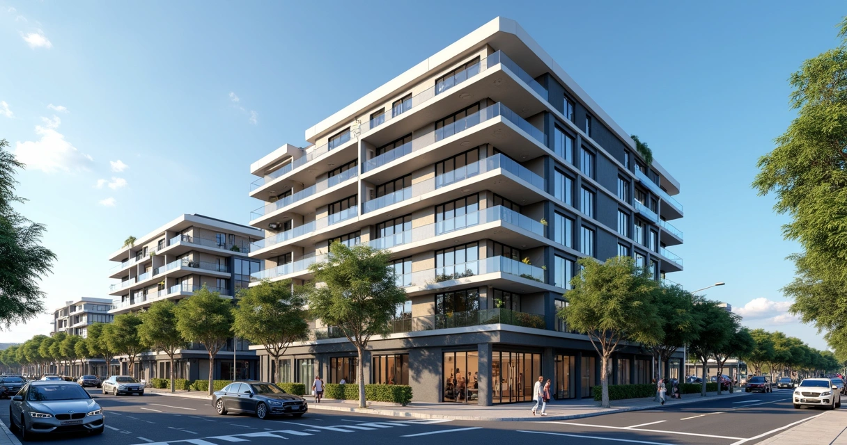 Prédio moderno de apartamentos com área comercial no térreo em Campinas durante o dia 