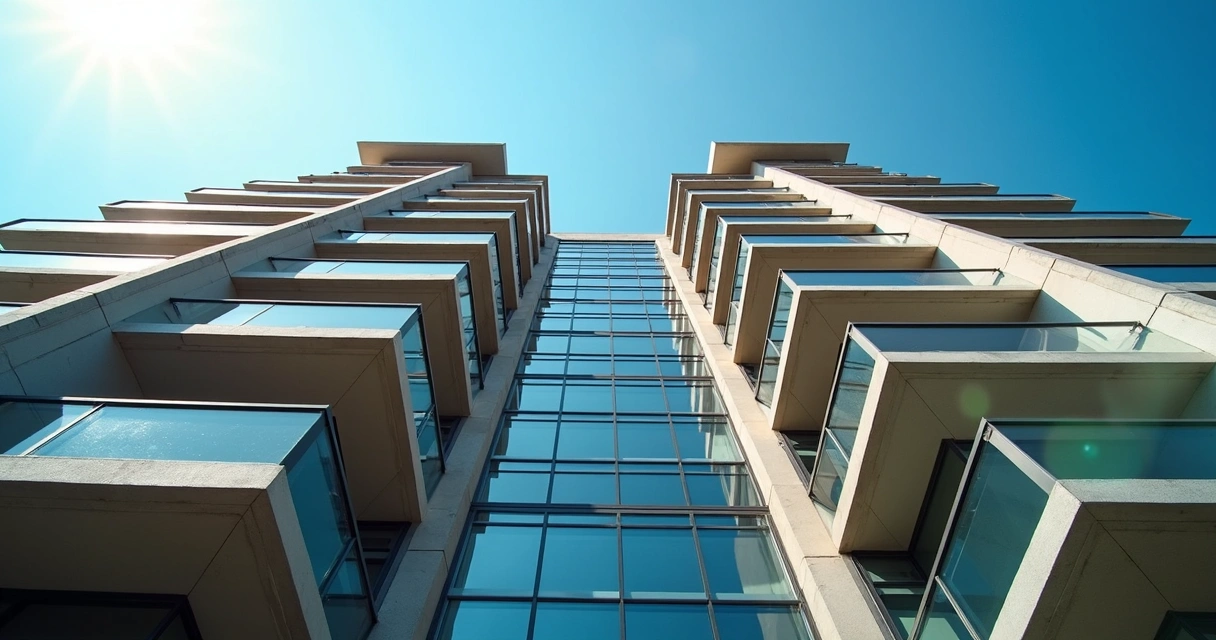 Prédio residencial moderno visto de baixo, durante o dia, céu azul ao fundo, arquitetura contemporânea, luz natural 