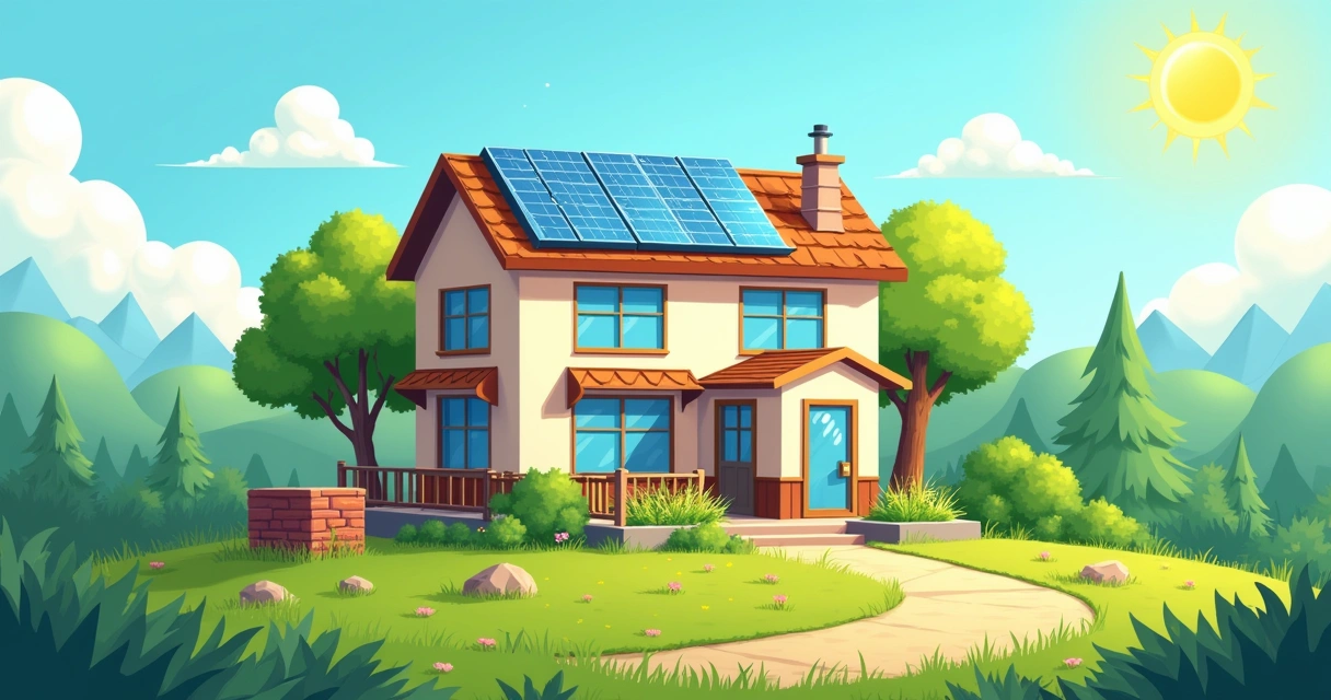 Ilustração de um edifício sustentável com painéis solares, coleta de água da chuva, e um ambiente verde ao redor.