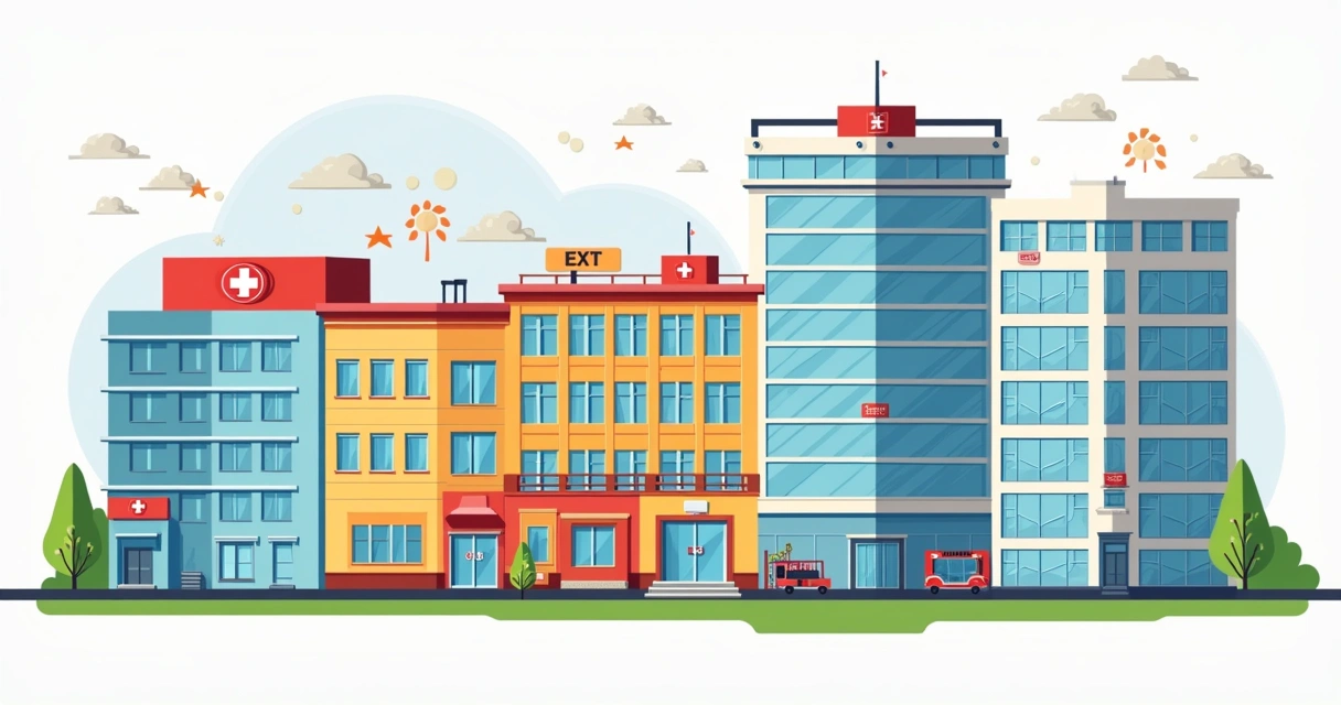 Edifícios de diferentes tipos e tamanhos vistos de cima, incluindo escola, hospital, edifício comercial e condomínio