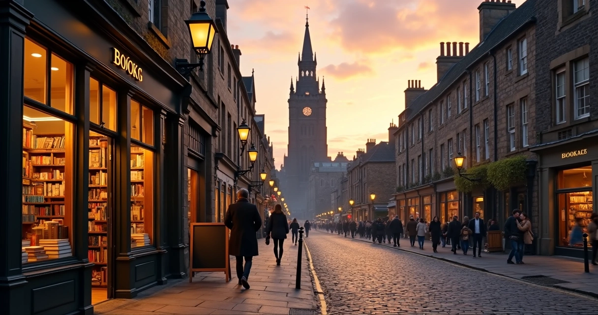 Vista do centro histórico de Edimburgo com o Scott Monument e livraria numa rua de pedra 