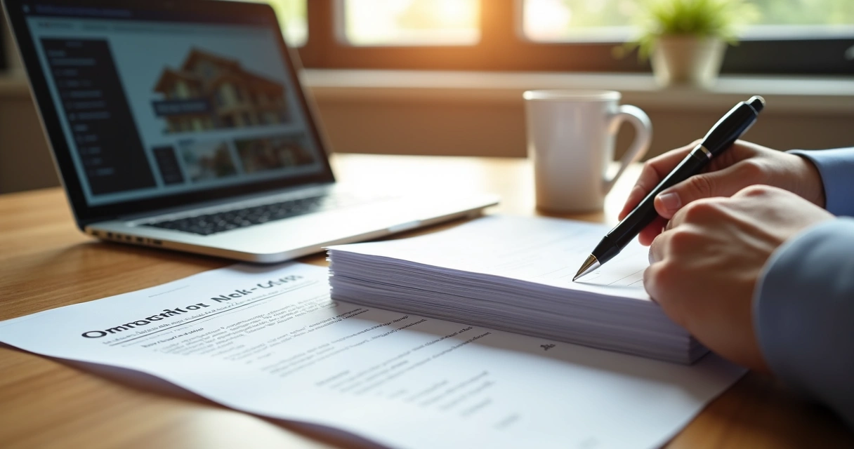 Mesa com contratos e caneta, edital de leilão impresso, e pessoa lendo.