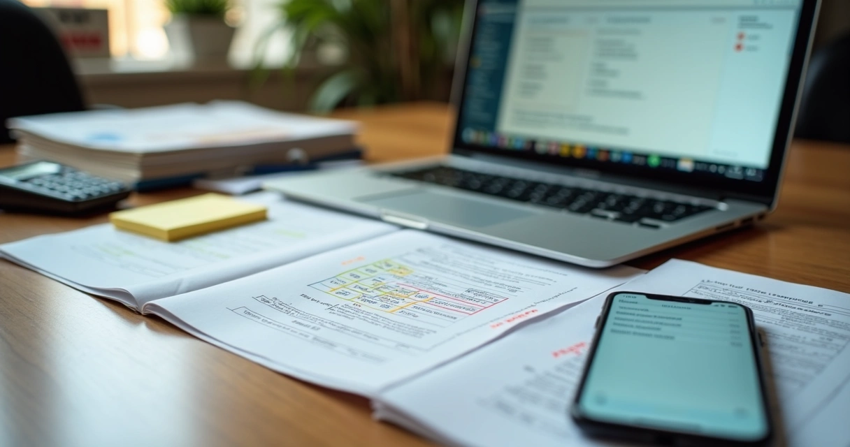Documentos de leilão e laptop sobre mesa de trabalho 
