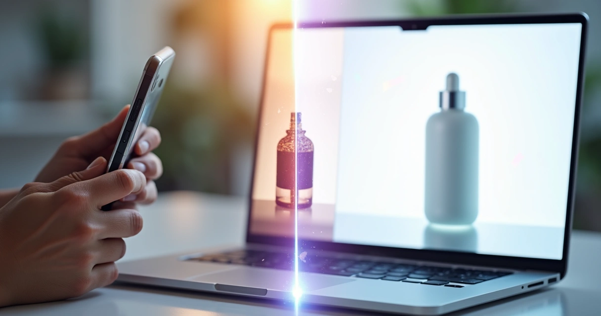 Montagem mostrando antes e depois de foto de produto editada com IA para e-commerce 