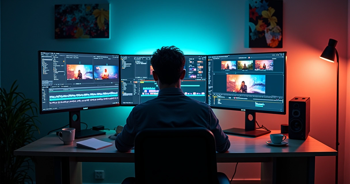 Video editing workspace with multiple screens showing clips