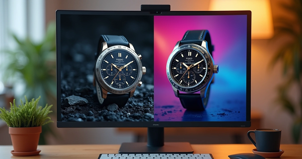 Tela de edição inteligente mostrando antes e depois da foto de produto 