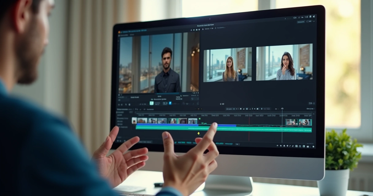 Editor de vídeo mostrando múltiplos formatos e rastreamento de rosto 