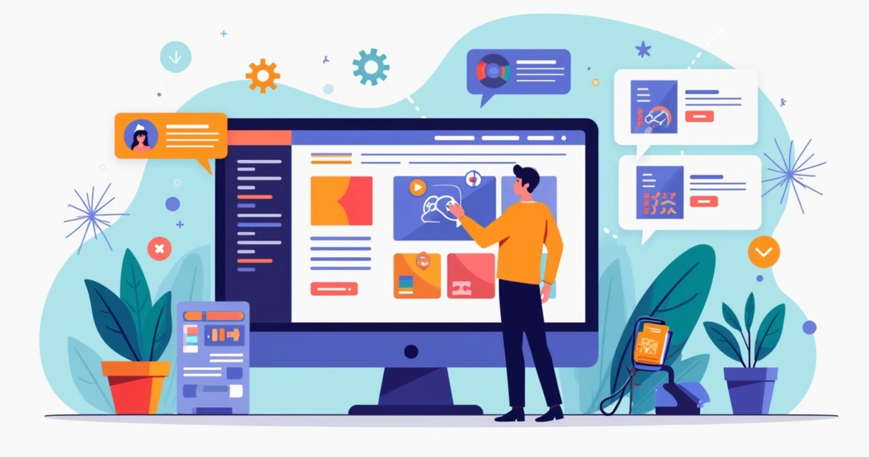 Interface colorida de editor drag and drop com usuário criando site 