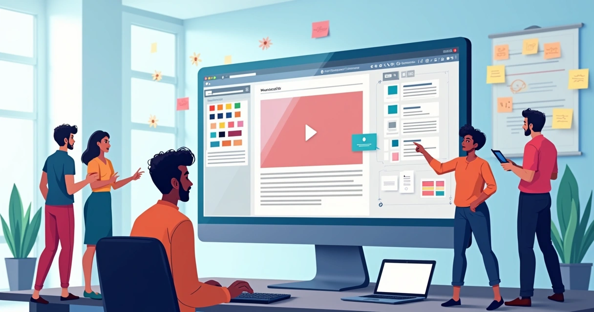 Editor avançado de site HTML com múltiplos painéis visualizados no computador, paleta de cores à direita e seção de código à esquerda 
