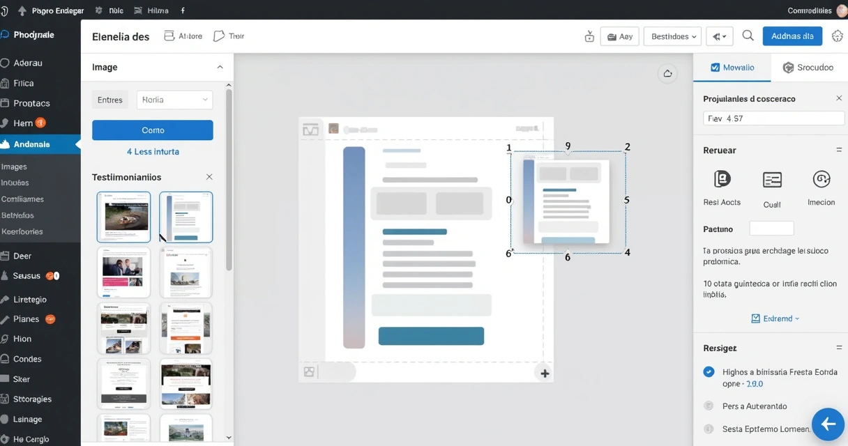 Editor de landing page com blocos arrastáveis, imagens, formulário e opções de personalização 