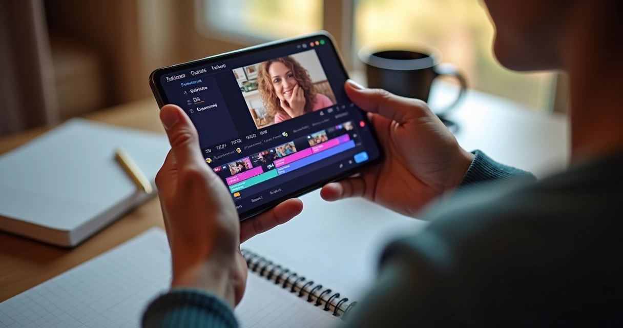 Pessoa editando vídeo no smartphone com interface de aplicativo de edição 