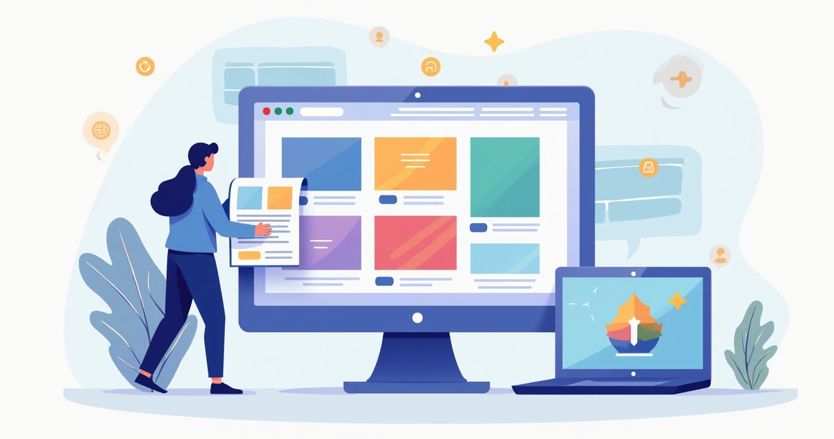 Editor de site com interface de arrastar e soltar exibindo opções de templates coloridos 