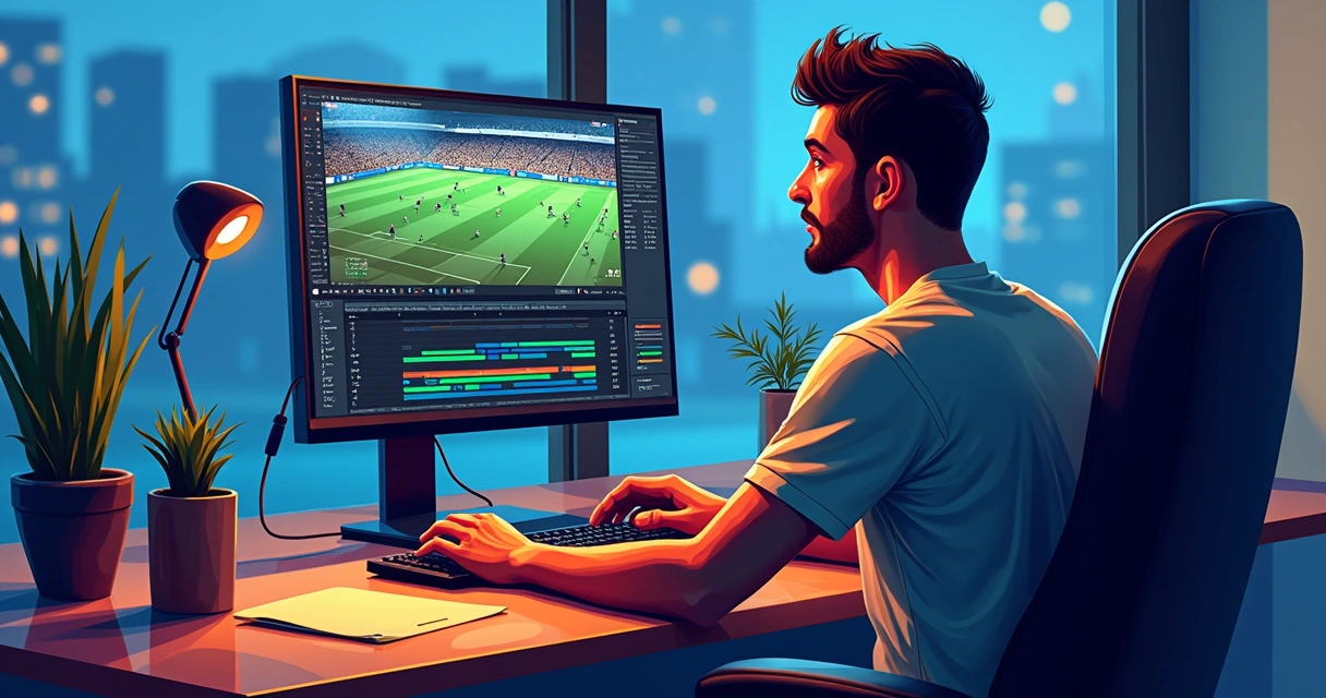 Person editing sports video on computer, short cuts on timeline 