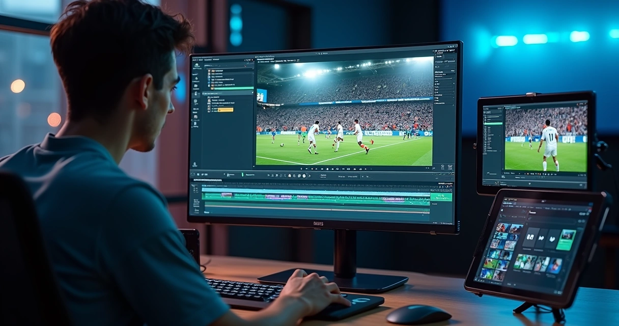 Editor de vídeo esportivo com lances e legendas na tela 
