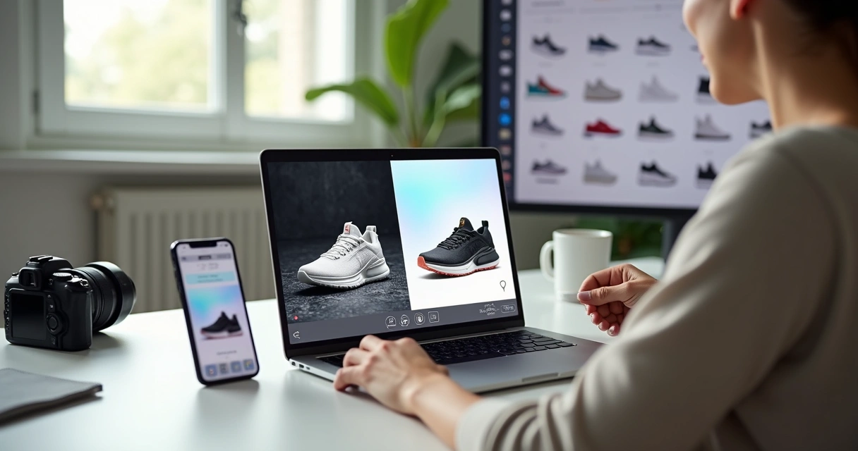 Pessoa editando foto de produto em notebook com ferramentas de inteligência artificial 