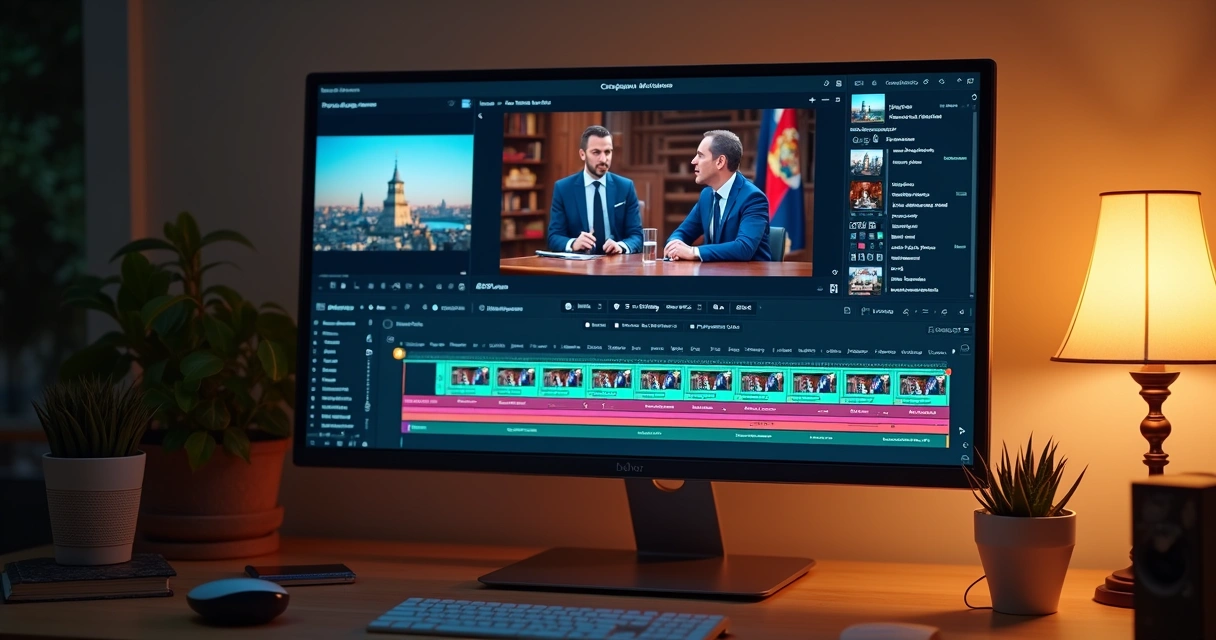 AI video editor interface showing automatic cuts in political speeches. 