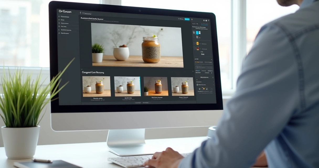 Editar foto de produto com inteligência artificial no computador, interface simples. 